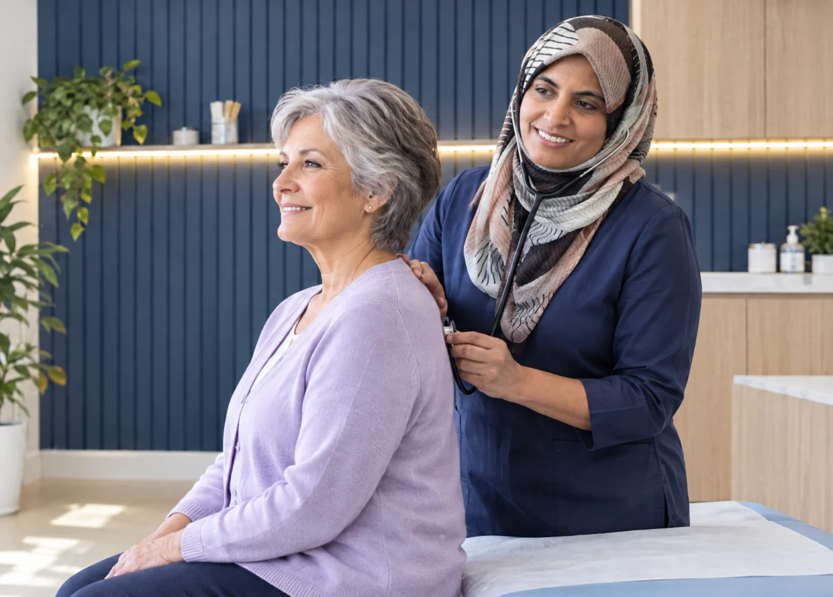 Dr Farhana Qureshi listening to a patient's lungs during an annual health check at Niva Medical Clinic