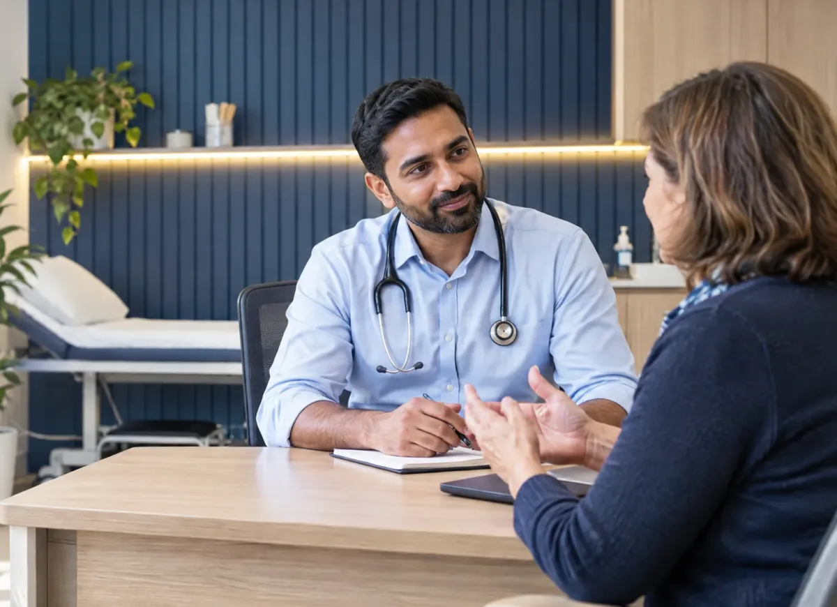 GP talking with a patient during a private GP consultation at Niva Medical Clinic